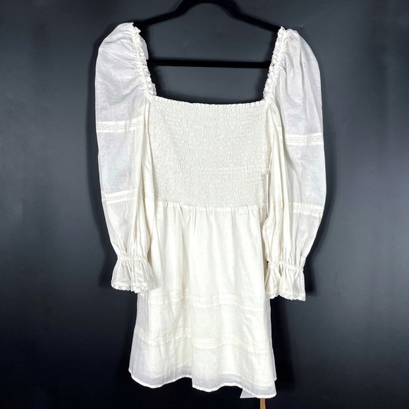 New Reformation Dunes Dress Cream Puff Long Sleeve Smocked Square Neck Mini Sz 4 - Picture 8 of 16